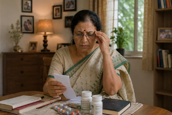 Bengali woman, around 60, at home with her elderly parents