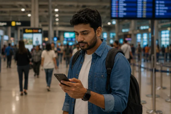 North Indian man, late 20s, with a backpack in an airport