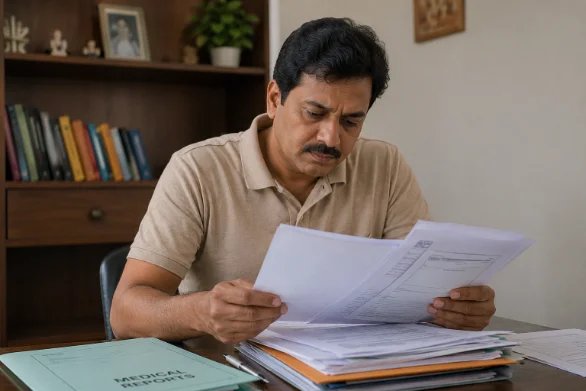 South Indian man, mid-40s, at a desk with medical paperwork